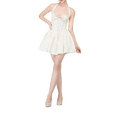 KYLETHOMASW  -  New Cream Pink Floral Halter Corset Mini Dress Lace Up Back Bow Tie Sweetheart Neck Ruffle Hem Lolita Fashion Dresses