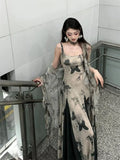KYLETHOMASW  -  Retro Butterfly Print Patchwork Camisole Dress for Women+ Thin Long Sleeve Loose Cardigan 2025 Summer New Two Piece Sets