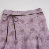 KYLETHOMASW  -  Vacation Boho Floral Print Mesh Skirt Elegant Women Vintage Lace-up Low Waist A-line Midi Skirt Beach Date Outfit Autumn