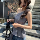 KYLETHOMASW  -  Korea Chic Moda Irregular Skew Collar Vest Plaid Lace Up Off Shoulder Sling Camis New Elegant Ball Gown Slim Waist Tees