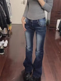 KYLETHOMASW  -  Dark Blue Retro Y2K 2000s Flared Jeans Slim Casual Denim Long Pants Straight Cut Women's Summer Pants Korean Clothing