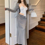 KYLETHOMASW  -  Striped Slimming Sexy Three-Piece Set Korean Lazy Style Women's Fashion Unique Design Sensation Tank Cardigan Mini Skirt Set