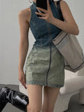 Kylethomasw Vintage Blue Gradient Denim Dress Sleeveless Zipper Streetwear Bodycon Dress for Women American Retro Girls Summer Dress
