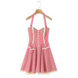 KYLETHOMASW  -  Sexy Red Plaid Print Halter Dress Women Slim Low Waist Spliced Khaki Wood ears Lining Swing Ball Gown Short Dresses Summer Robe