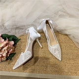 KYLETHOMASW  -  White Heels French Dress Wedding Shoes Lace Bridesmaid Shoes White Pointed High Heels Women's Stiletto Design Bridal Shoes