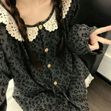KYLETHOMASW  -  Leopard Print Women 2Pcs Home Outfit,Autumn Winter Lace Ruffle Crew Neck Long Sleeve Sleepwear Soft Casual Ladies Loungewear