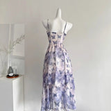 KYLETHOMASW  -  Sweet Butterfly Printed Irregular Rose Waist Slimming Strap Camisole Dress Summer Retro A-line Long Dress for Women