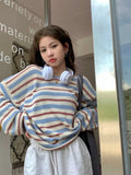 Kylethomasw Harajuku Striped Knitwear T-Shirt V-neck Long Sleeve Contrast Color Tee Oversized Streetwear Korean Style Spring Clothes