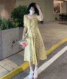 KYLETHOMASW  -  Women Summer Fashion Floral Print Ruffle Bandage Sweet Chic Midi Dress Casual Square Collar Short Sleeve Slim Slit Beach Dresses