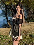 KYLETHOMASW  -  Vintage Style Black White Lace Patchwork Mini Dress Sexy Off Shoulder Design Sweet Short Dresses Chic Y2k Outfuts Summer
