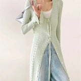 KYLETHOMASW  -  Spring Elegant Green V-Neck Long Knit Cardigan Women's Flared Sleeve Lace-Up Sweater Coat OL Crochet Hollow Out Outerwears 208A