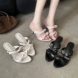 KYLETHOMASW  -  Fashion Women Pink Bow Knot High Heel Mules Open Toe Patent Leather Slip On Sandals Thin Heel Summer Party Dress Shoes