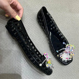 KYLETHOMASW  -  Summer Red New Brand Women Slipper Fashion String of Beads Jelly Sandals Shoes Square Toe Shallow Slip On Ballet Flat Shoes