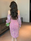KYLETHOMASW  -  Cocktail Wedding Party Evening Dresses Women Bow Sequins Lantern Sleeve Off Shoulder Banquet Dress Birthday Club Sweet