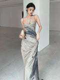 Kylethomasw Tie Dye Luxury Designer Long Halter Dresses For Women 2024 Summer Backless Ruched A-Line Maxi Dress Fashion Clothing