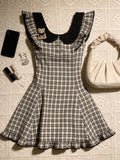 KYLETHOMASW  -  Coquette Vintage Plaid A Line Mini Dress Women Flutter Sleeve Doll Collar Lace Trim Button Front Teddy Bear Daily Party Dresses