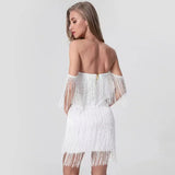 Kylethomasw New Women Fashion Tassel Bandage Dress Sexy V Neck Off Shoulder Bodycon Nightclub Celebrity Female Solid Party Mini Dresses