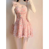 KYLETHOMASW  -  Sweet New Pink Sexy Dress Sweet Fresh Style Fragmented Flowers Print Waist Wrapped Slim Student Summer Short Lovely