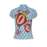 KYLETHOMASW  -  Sweet and cool blue plaid strawberry print pleated shirt women's summer slim-fit semi-turtleneck short-sleeved top
