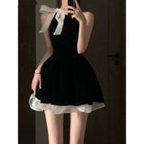 KYLETHOMASW  -  Sexy Dress Woman Bow Bandage Sleeveless Slim Patchwork Black Mini Dresses Puffy Elegant Vintage Ladies Summer Fashion Chic