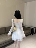 KYLETHOMASW  -  Woman Dress Sweet Sexy Flowers Long Sleeve Elegant Slim Mesh Patchwork Ruched Ruffles Party Mini Dresses Ladies