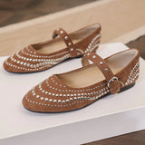 KYLETHOMASW  -  Retro Rivet Mary Jane Shoes Women Belt Buckle Shallow Round Toe Single Shoes Female Fashion Suede Elegant Dress Shoes Ladies