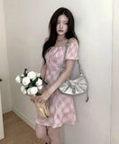 KYLETHOMASW  -  Retro Two-piece Contrasting Plaid Dress Women Summer New Style Temperament Lace Up Bubble Sleeve Short Dresses