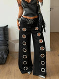 KYLETHOMASW  -  Women's black straight-leg pants metal rings hollow high-waisted loose-fitting trendy streetwear Y2K era high street aesthetic