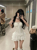 KYLETHOMASW  -  Women Sexy Two Piece Set Corset Top and Layered Ruffle Mini Skirt Slim Fit Suit Gothic Lolita Style Club Night Summer Outfit New