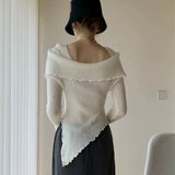 KYLETHOMASW  -  Sweet Hot Girl Three-dimensional Flower Knitted Sweater for Women's Autumn Off Shoulder Slim Fit Base Sweater Female Clothes