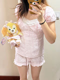KYLETHOMASW  -  Pink Striped T-Shirt Shorts Set Women Buttons Lace-up Puff Sleeve Top+Ruffles Drawstring Short Pants Cotton Pajama 2 Piece Sets