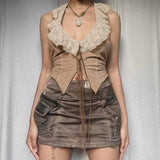 KYLETHOMASW  -  Western retro suede lace patchwork strap irregular short top American spicy girl niche sexy hanging neck vest