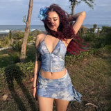 KYLETHOMASW  -  Beach Style Set Women's Autumn Printed Sequin Halter Neck Vest Hip Wrap Slim Fit Short Skirt Fashion Two-piece Set