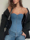 Kylethomasw Lace Up Denim Tank Top Women Clothing Slim Sexy Sleeveless Crop Tops Female Holiday Casual Bodycon Top Corset Woman