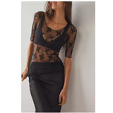 KYLETHOMASW  -  New Spring and Summer Bottoming Shirt Small Floral Mesh See-through Sexy Round Neck Short-sleeved Lace Shirt for Women