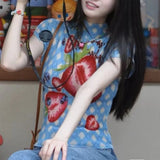 KYLETHOMASW  -  Sweet and cool blue plaid strawberry print pleated shirt women's summer slim-fit semi-turtleneck short-sleeved top