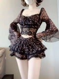 KYLETHOMASW  -  French Elegant Floral Lace 2 Piece Set Women Layered Ruffle Crop Top High Waist Mini Skirt Slim Fit Party Date Night Outfit