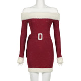 KYLETHOMASW  -  Contrast Color Slash Neck Bodycon Dress with belt Christmas Party Knitted Sequin Dresses Red Korean Style Outfit Winter