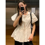 KYLTHOMASW  -  Casual All-match O-neck Lace Up Blusas Mujer 2024 Summer New Ruched Shirts Women Y2k Puff Sleeve White Loose Blouses