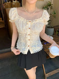 KYLETHOMASW  -  Shirts for Women Summer High-end Designed French Sweet Style Embroidered Lace Three-dimensional Flower Short-sleeved Shirt Top