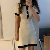 KYLETHOMASW  -  Turn Down Collar Knitted Dress Women Short Sleeve Mini Dress High Waist Dresses Korean Elegant Office Lady Bodycon Vestidos N324