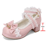 KYLETHOMASW  -  Women Lolita Pumps Round Toe Thick Mid Heels Cross Strap Buckle Bow Kawaii Ladies Fashion Cosplay Shoes Winter Beige 46