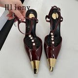 Kylethomasw Metal Pointed Toe Stiletto Sandal Women Luxury Pearls Strap Buckle Designer High Heels Party Prom Shoes Summer Women Pumps