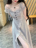 KYLETHOMASW  -  Women Stylish Vintage Ruffle Lace-up Sexy Slit Fairy Midi Dress Casual Sweet Chic Solid Short Sleeve Slim Party Dresses Vestidos