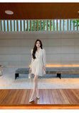 KYLETHOMASW  -  Elegant V-Neck Flare Sleeve A-Line Mini Dress Fashion Pleated Chiffon Temperament Birthday Prom Femme Vestido Mujer New Autumn