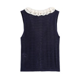 KYLETHOMASW  -  Women Contrasting Ruffle Knit Tank Tops Sexy V Neck Front Tie Holiday Casual Summer Crop Top