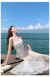 KYLETHOMASW  -  French Luxurious Heavy Craftsmanship Elegant Vacation Evening Dress Women's Lace Off-Shoulder Tulle Backless Long Dress High-end