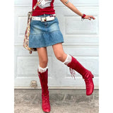 KYLETHOMASW  -  Women's Blue A-line Denim Pleated Skirt Vintage 90s Aesthetic Y2k Jean Skirt Harajuku Korean Cowboy Skirts 2000s Clothes Summer