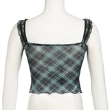 KYLETHOMASW  -  Ins Pure Desire Style Sexy Mesh Print Perspective Lace Lace T-shirt Spicy Girl Looks Thin Fake Two piece Mesh Short Top