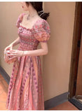 KYLETHOMASW  -  Elegant Vintage Floral Midi Dress Women Sweet Puff Sleeve Korean Slim Fairy Dress Female 2025 Summer Casual Evening Party Dress